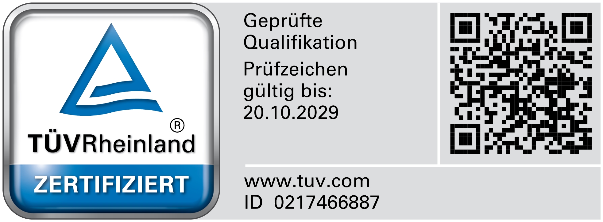 Prüfzeichen TÜV Rheinland mit QR-Code Prüfzeichen TÜV Rheinland mit QR-Code